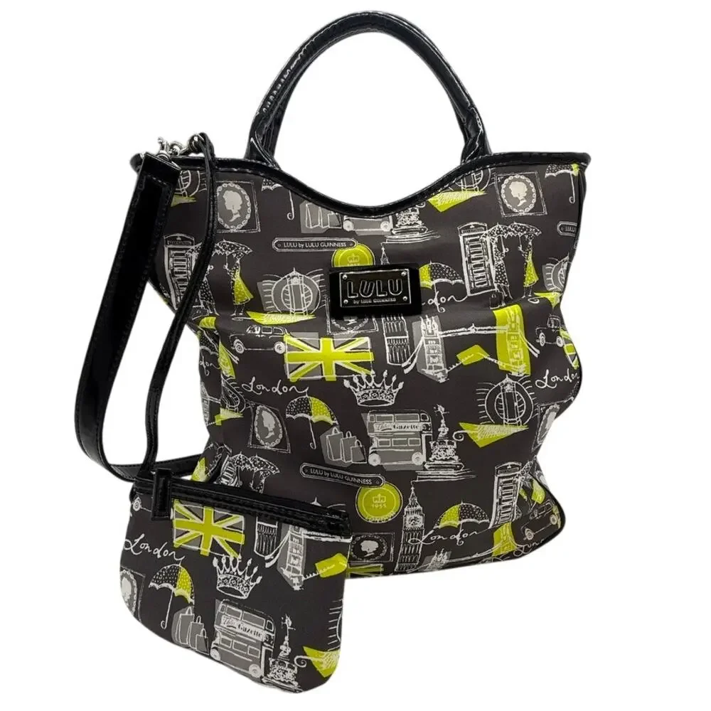 Lulu by Lulu Guinness London Print Tote Bag w/ Pouch Matching Black Yellow White - Picture 1 of 16